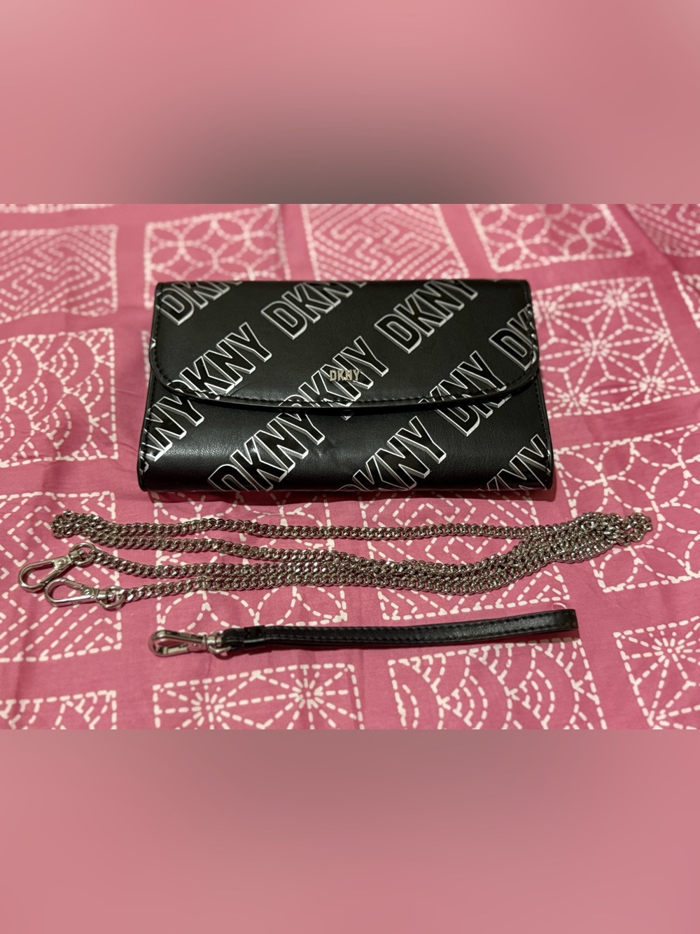 DKNY Black Logo Convertible Clutch with Silver Chain